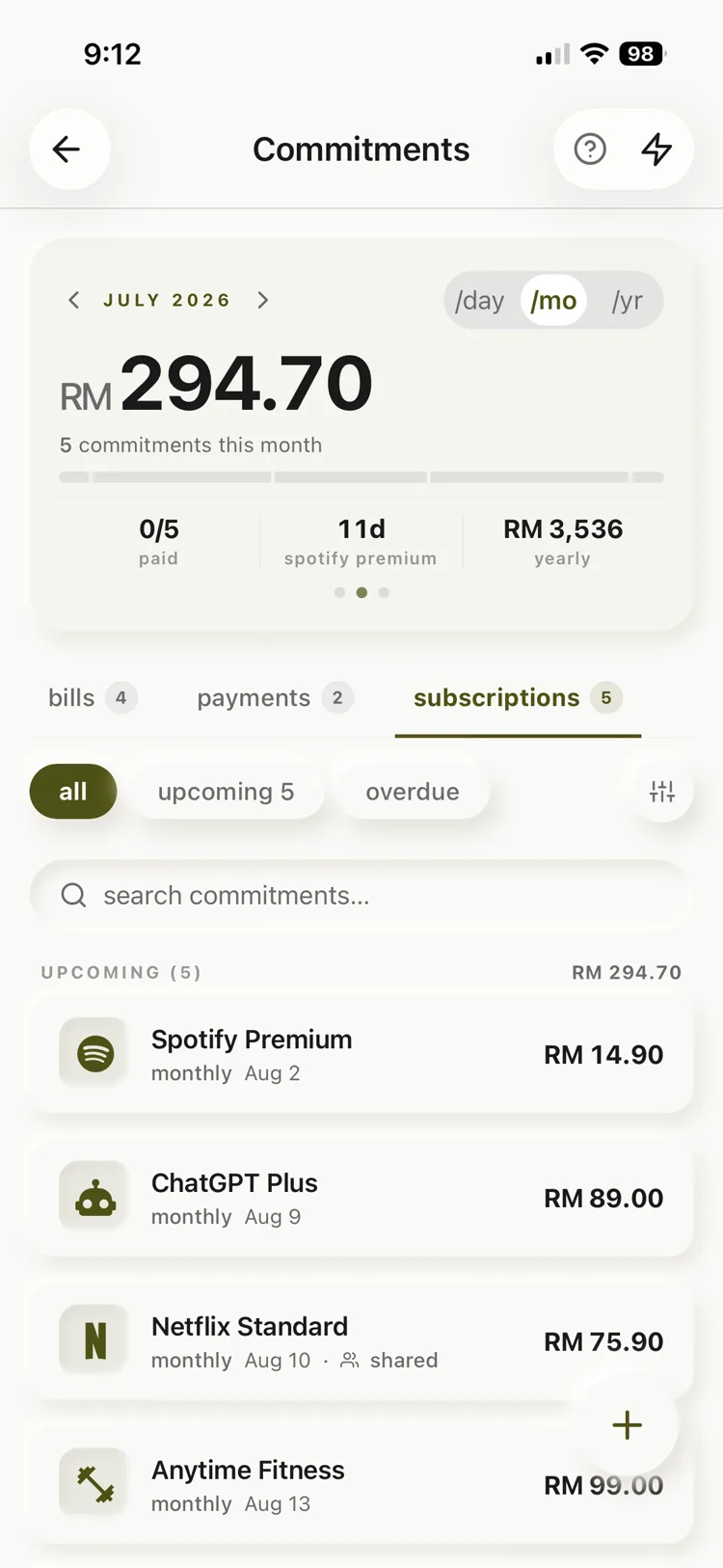 Subscriptions — recurring services and what they cost monthly