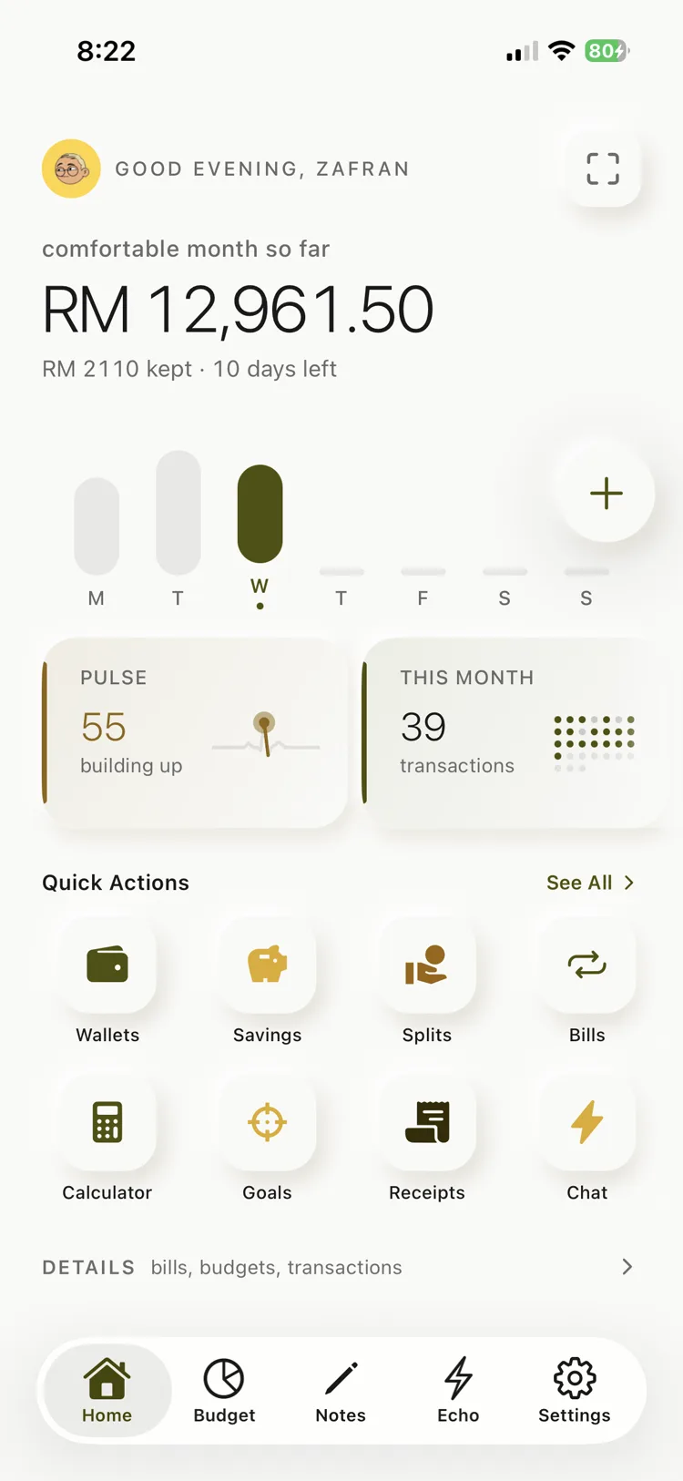 Jejak Baki dashboard — RM 2,110 kept this month, 10 days left
