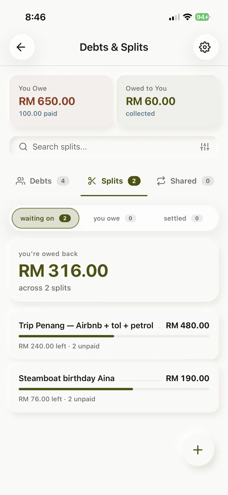 Splitting a bill — each person's share, tracked