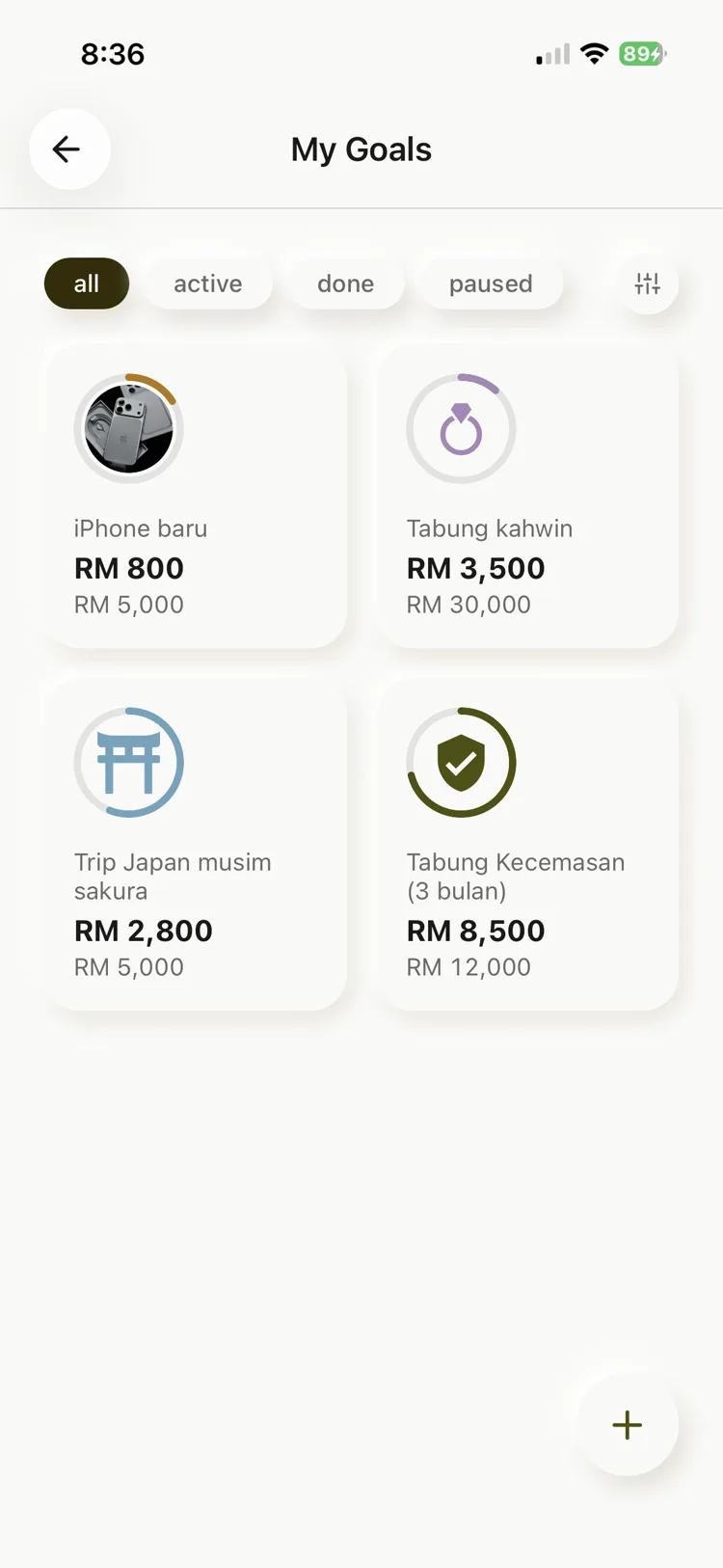 Goals — savings targets you're steadily filling
