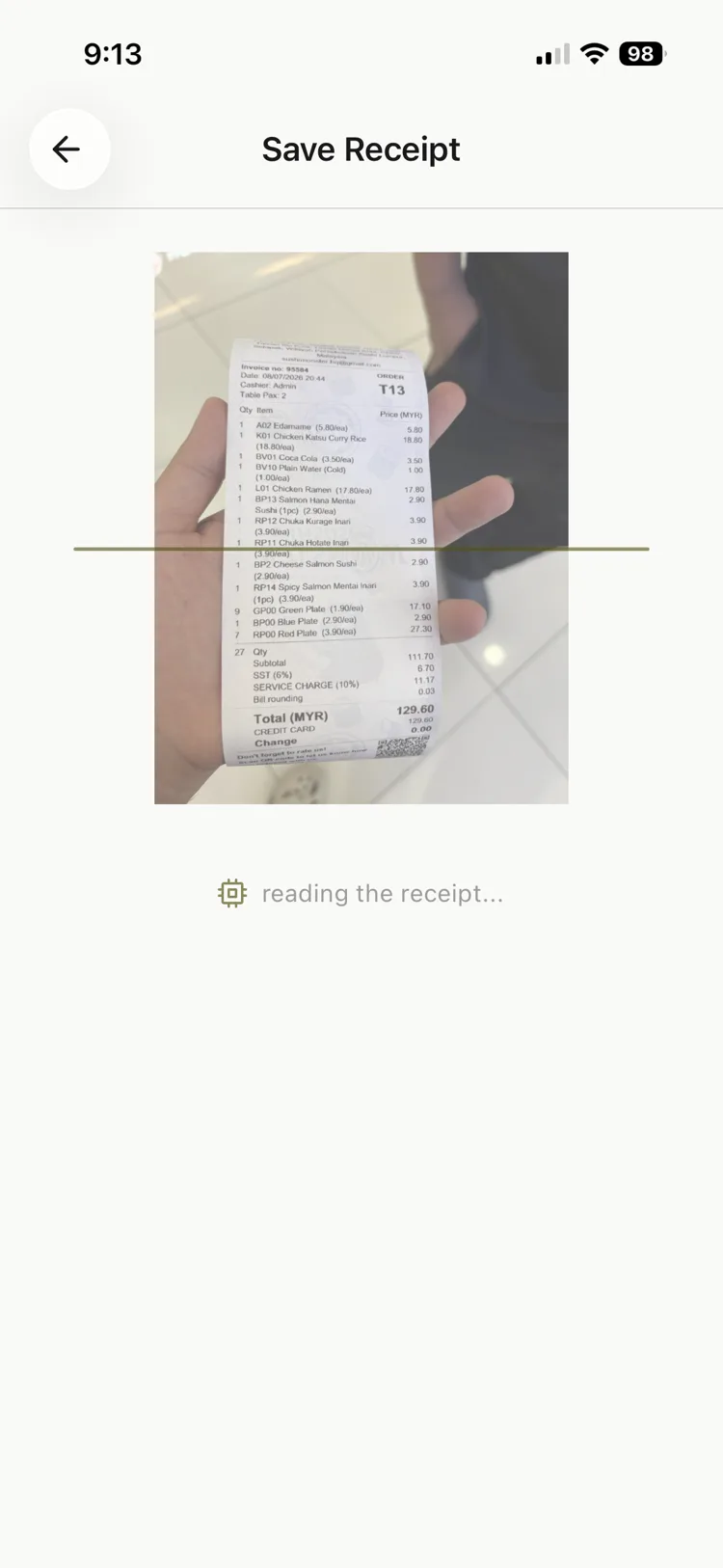 Scanning a paper receipt with the Potraces camera