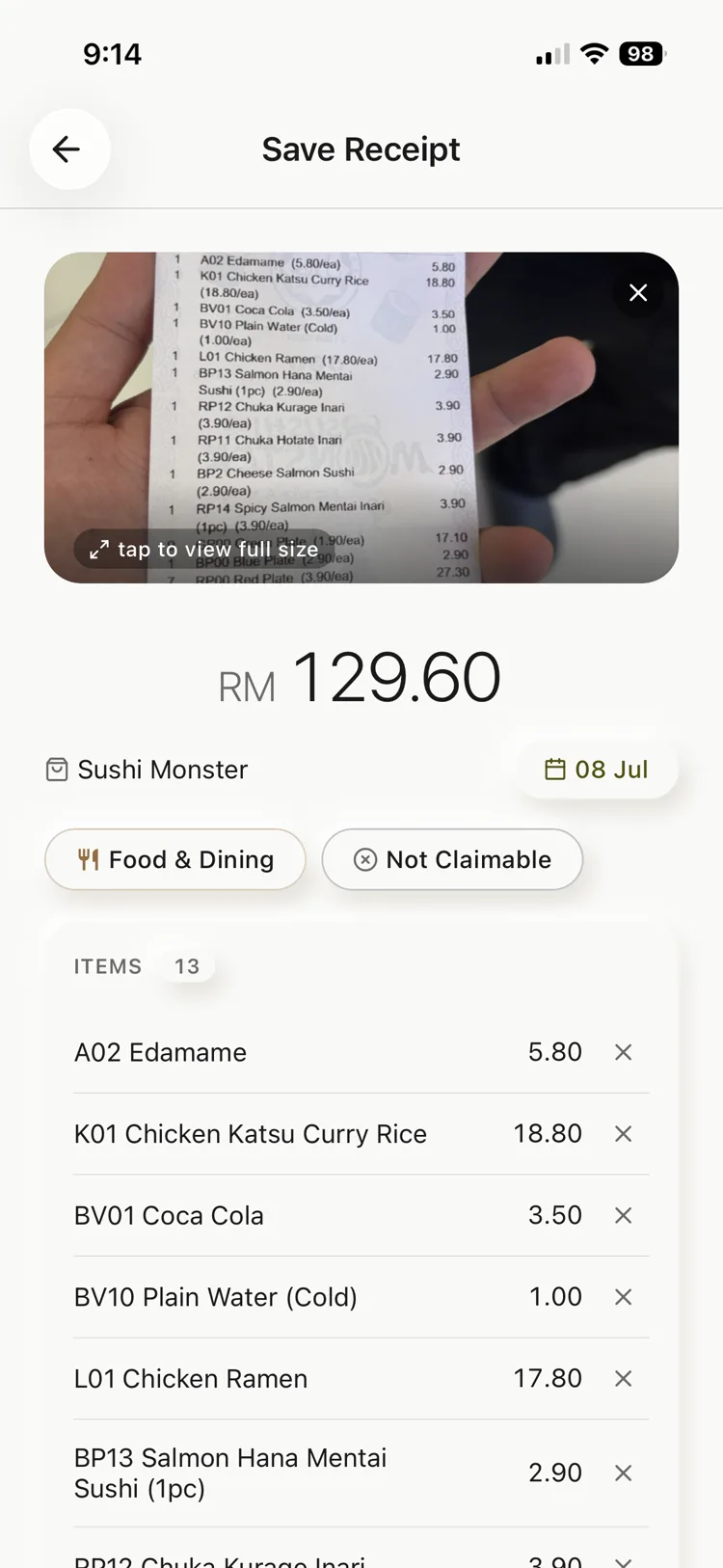 Receipt result — shop, items and total parsed into a transaction
